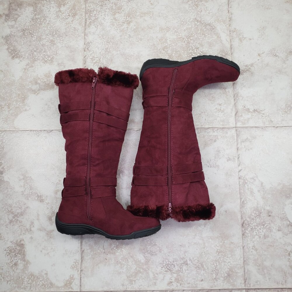 Buckled Faux Fur Hot Tomato Pavati Suede Zippered Full Calf Knee Boots Size 6 M - Picture 4 of 15